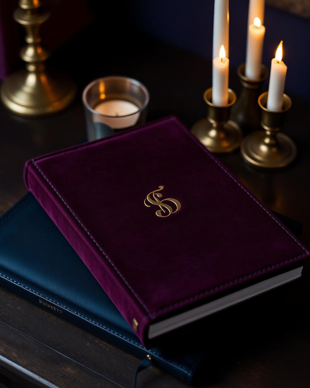 Velvet holiday planner with brass monogram by candlelight