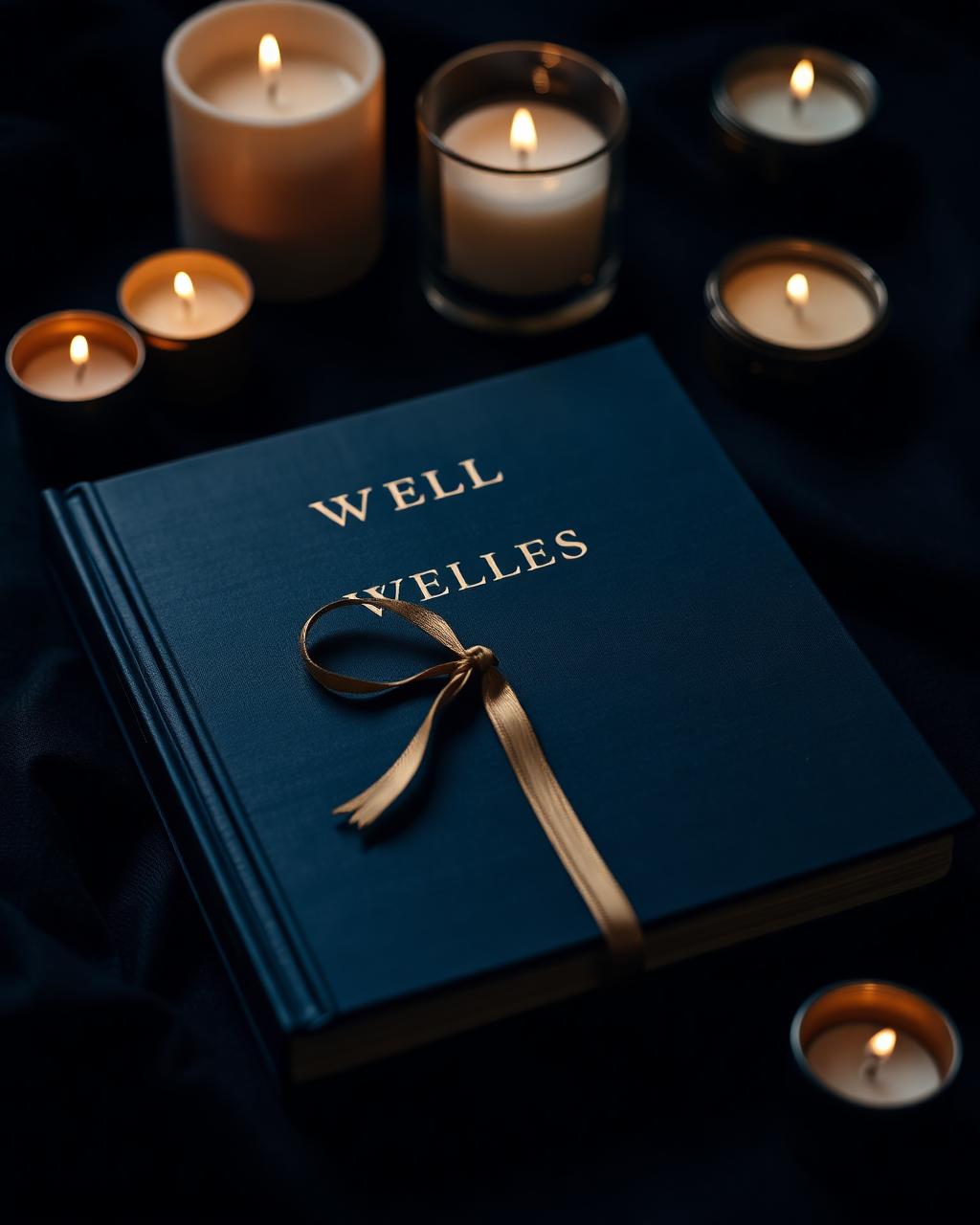 Midnight-blue wellness journal with brass ribbon by candlelight