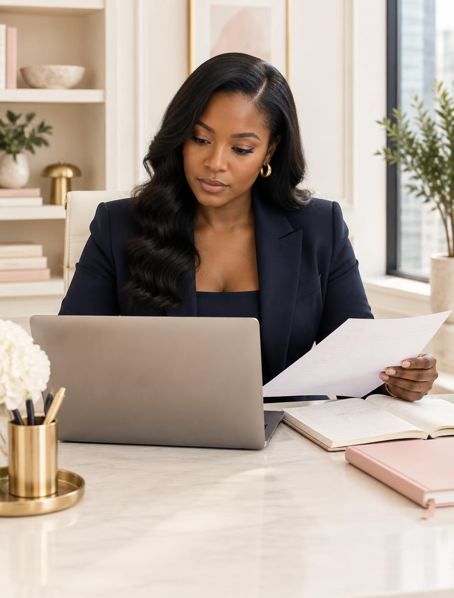 Woman entrepreneur reviewing business finances at her desk