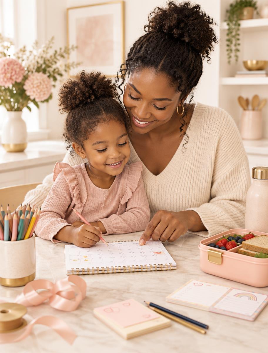 Mother and child planning together at a kitchen table