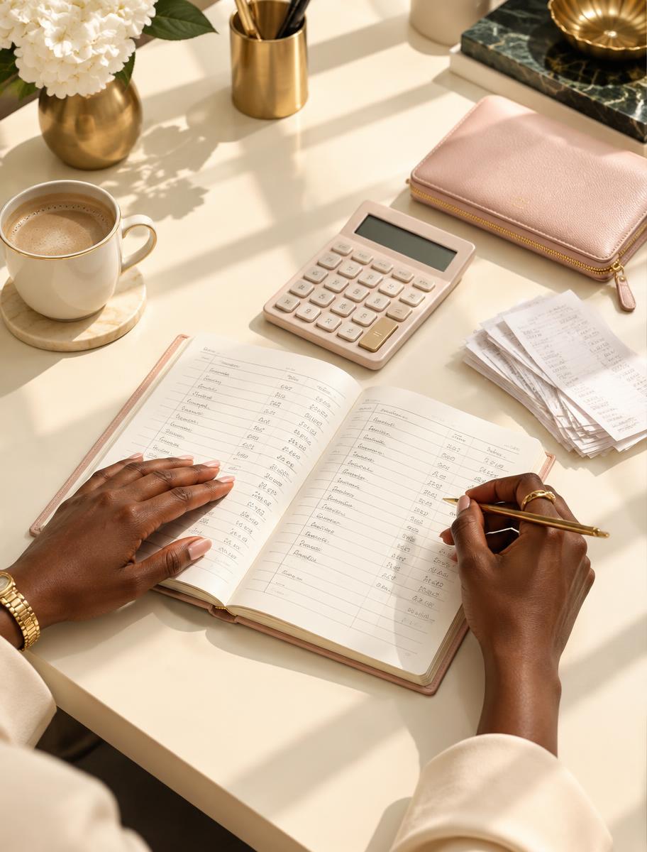 Hands reviewing a budget ledger on a cream desk